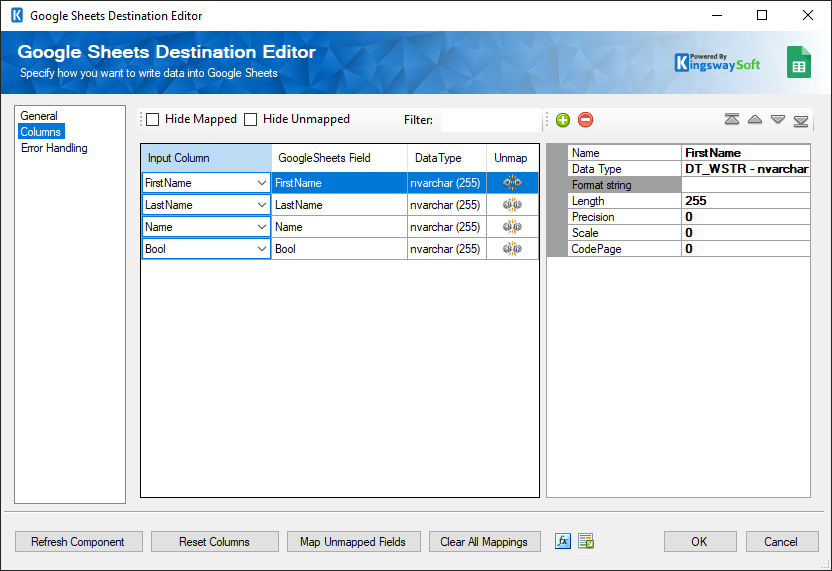 SSIS Google Sheets Destination Component - Columns Page